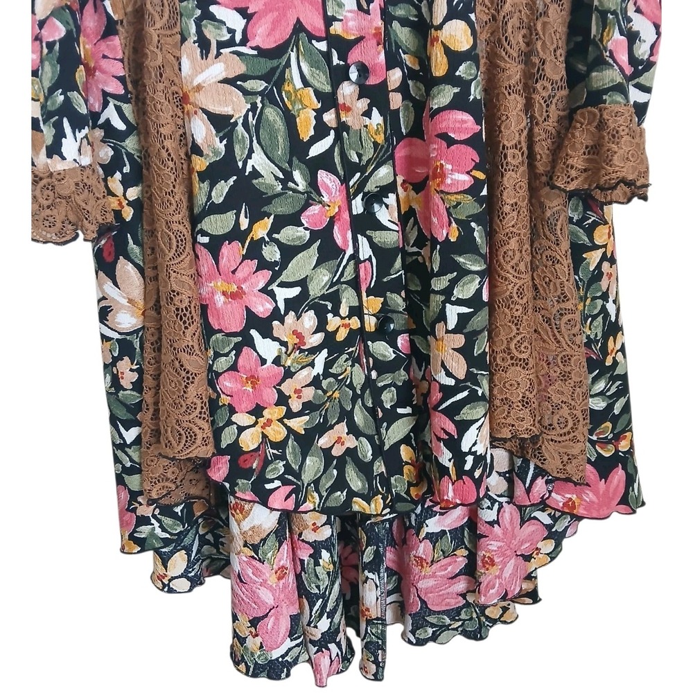 Zadie B's Floral Tunic Top High Low Button Front Brown Lace Modest Boho Shirt S - Picture 4 of 10